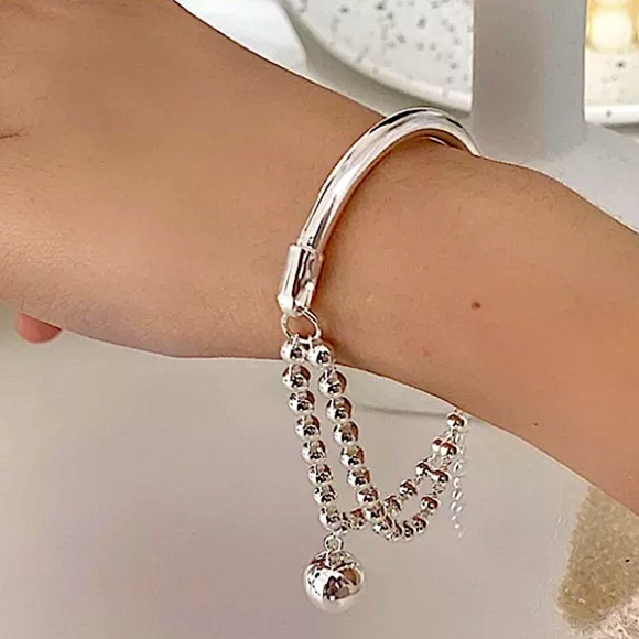 Sterling Silver Beaded Bangle Ball Drop Bracelet - Picture 4 of 7